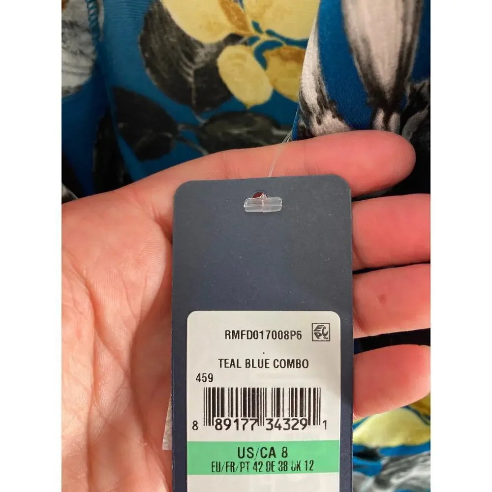 NWT RACHEL Rachel Roy Teal Blue Pierfce Floral Surplus Dress Size 8 - Picture 7 of 10
